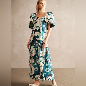 NWT Adriana Degreas Flower Power Puff Sleeve Long Dress Size Small